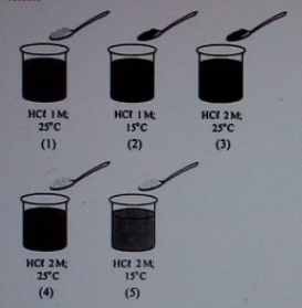 gambar berikut menunjukkan masing-masing 2 gram pualam yang dilarutkan dalam 5 gelas kimia yang berisi 50 ml HCl.  laju reaksi yang hanya dipengaruhi oleh konsentrasi ditunjukkan oleh gambar.....