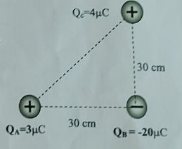 Tiga muatan listrik terletak dengan posisi segi tiga seperti gambar disamping : resultan gaya listrik pada muatan negative (QB) adalah....