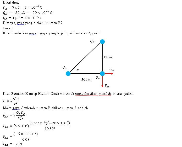 Tiga muatan listrik terletak dengan posisi segi tiga seperti gambar