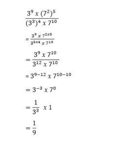 Bentuk sederhana dari (3^(9)×(7^(2))^(5))/((3^(3))^(4)×7^(10)) adalah ...
