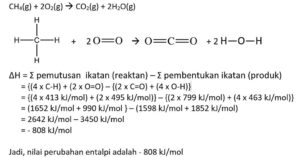 Diketahui reaksi: CH4(g) + 2O2(g) →CO2(g)+2H2O(g) apabila energi ikatan ( kj/mol) : c−h:413 c=o:799 o=o:495 o−h:463 entalpi reaksi diatas adalah...... kj.