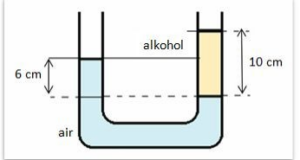 pada gambar bejana berhubungan di atas diisi air dan alkohol. jika massa jenis air 1000 kg/m^3, tinggi air dan alkohol seperti tertulis di gambar, maka massa jenis alkohol adalah