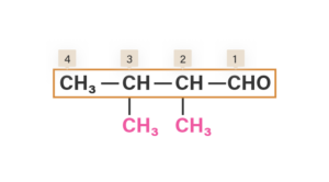 Jawaban: Nama senyawa tersebut adalah 2,3-dimetilbutanal.  Aldehida merupakan turunan alkana yang memiliki rumus molekul CₓH₂ₓO dan gugus fungsi -CHO. Aturan tata nama IUPAC aldehida adalah sebagai berikut: 1. Nama aldehida diambil dari nama alkana dan akhiran -a diganti dengan -al. 2. Penomoran aldehida dimulai dari atom karbon yang mengikat gugus fungsi -CHO. 3. Penulisan diawali dengan menyebutkan rantai cabang dan diikuti rantai utama.  Berdasarkan soal, penomoran dimulai dari kanan. Rantai utama terdiri dari 4 atom C, sehingga diberi nama butanal. Pada atom C nomor 2 dan 3 terdapat cabang metil, sehingga disebut 2,3-dimetil. Nama senyawa tersebut adalah 2,3-dimetilbutanal. Penomoran dapat dilihat pada gambar terlampir ya.  Jadi, nama senyawa tersebut adalah 2,3-dimetilbutanal.