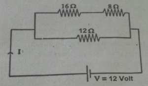 Perhatikan gambar rangkaian hambatan berikut. Tentukan Kuat arus listrik yang mengalir melalui hambatan 12 ohm?