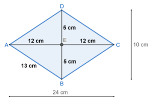 Diagonal AC dan diagonal BD saling berpotongan tegak lurus. Jika panjang AC = 24 cm, BD = 10 cm, dan AB = 13 cm, hitunglah panjang garis tinggi DE.