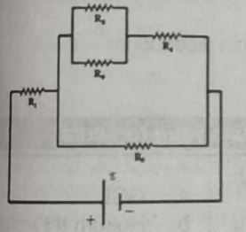 Perhatikan rangkaian berikut! Lima buah resistor dirangkai seperti gambar, untuk R1 = 3 Ω; R2 = 3 Ω; R3 = 6 Ω; R4 = 4 Ω; dan R5 = 3 Ω. Besarnya resistansi ekivalen (resistansi pengganti) adalah .... Ω a. 2 b. 5 c. 7 d. 10 e. 15