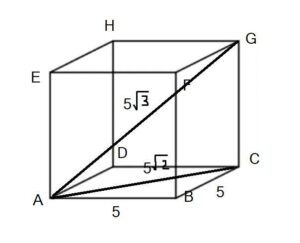 (Langsung jawab) A ke G merupakan jarak titik ke titik menjadi panjang diagonal ruang. Sebelum ke AG, dikerjakan dulu jarak AC. Jarak A ke C = AB² + BC² = 5² + 5² = 25 + 25 = 50 AC = √50 = 5√2 cm Lalu mengerjakan jarak AG. AG² = AC² + CG² = (5√2)² + 5² = 50 + 25 = 75 AG = √75 AG = 5√3 cm Maka jarak titik A ke G adalah 5√3 cm