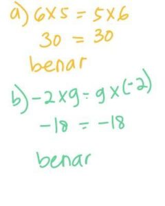 Dari kalimat ² berikut, manakah yang benar dan manakah yg salah? a. 6 × 5=5×6 b. -2×9=9×(-2) c. 5×9 = -5 × 9 d. (-3×8)×4= -3×(7×(-4)) JAWAB! yg bener ya jawabnya besokk mau dikumpulin​