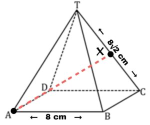 Diketahui limas segiempat beraturan T.ABCD dengan panjang AB = 8 cm dan panjang TC = 8√2. Tentukan jarak titik A terhadap rusuk TC​