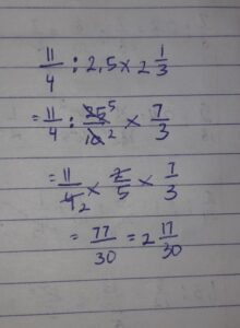Hasil dari 11/4 : 2,5 × 2 1/3 = tolong dijawab, sekalian caranya. ubah ke pecahan biasa ya​